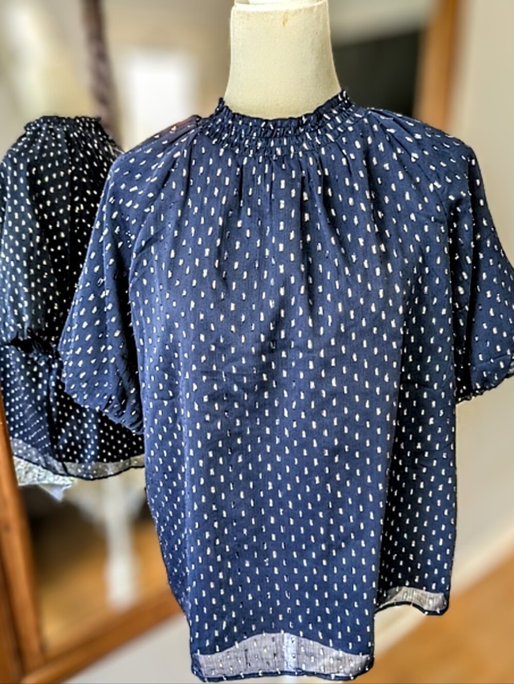 Navy Metallic Dot Smocked Neck Blouse
